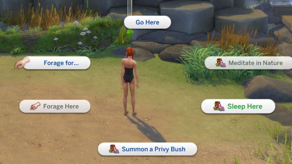 A screenshot from The Sims 4 showing the option to sleep on the ground