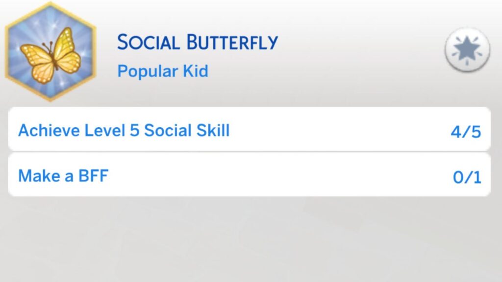 A screenshot from The Sims 4 showing the second stage of the social butterfly aspiration