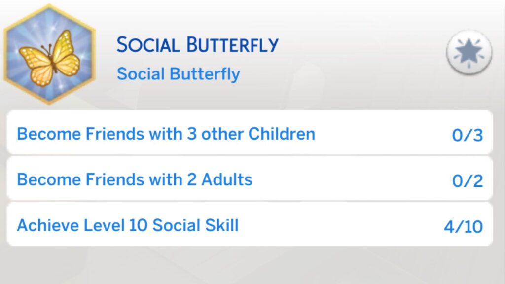 A screenshot from The Sims 4 showing the third stage of the social butterfly aspiration