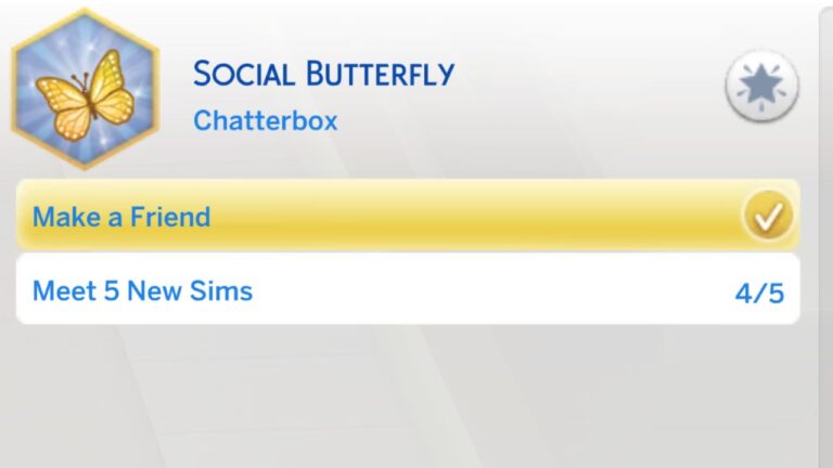 A screenshot from The Sims 4 showing the first stage of the social butterfly aspiration