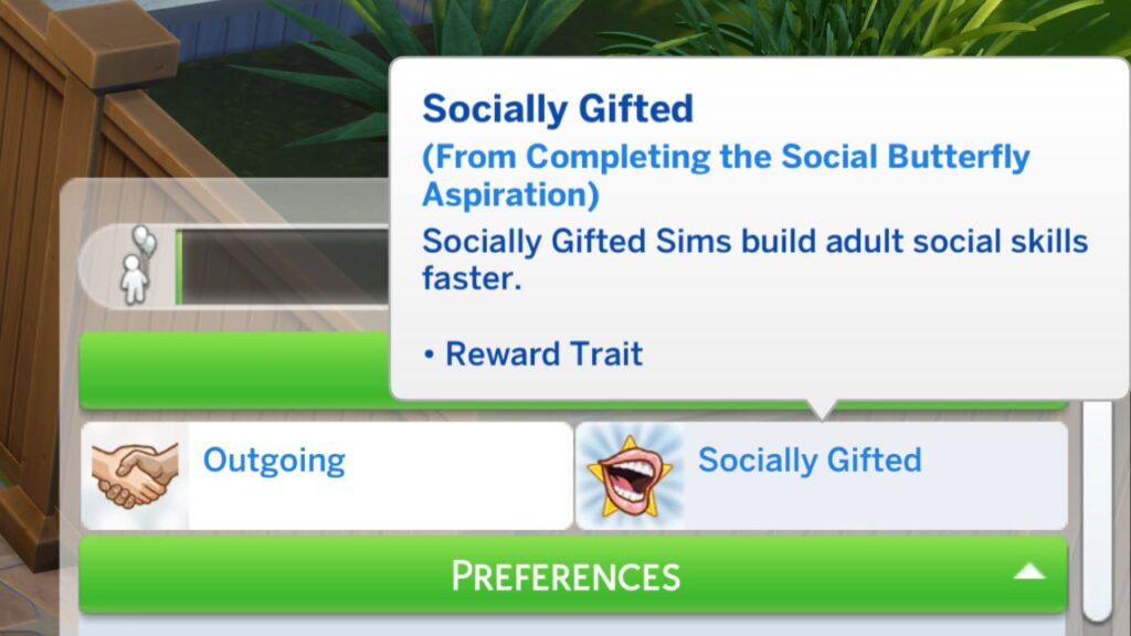 A screenshot from The Sims 4 showing the socially gifted reward trait