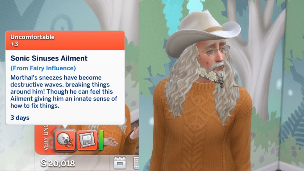 A screenshot from The Sims 4 showing a sim with the sonic sinuses ailment