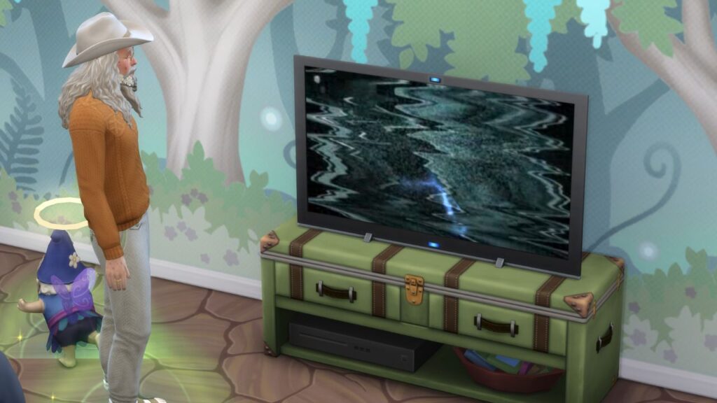 A screenshot from The Sims 4 showing a sim standing in front of their broken TV
