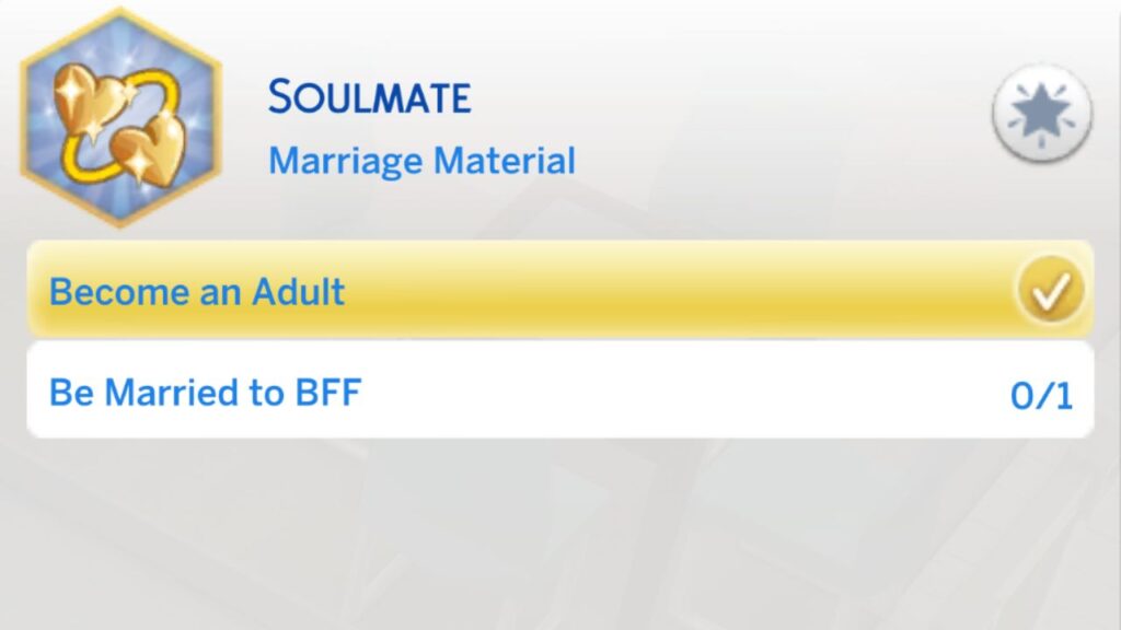A screenshot from The Sims 4 showing the second stage of the soulmate aspiration