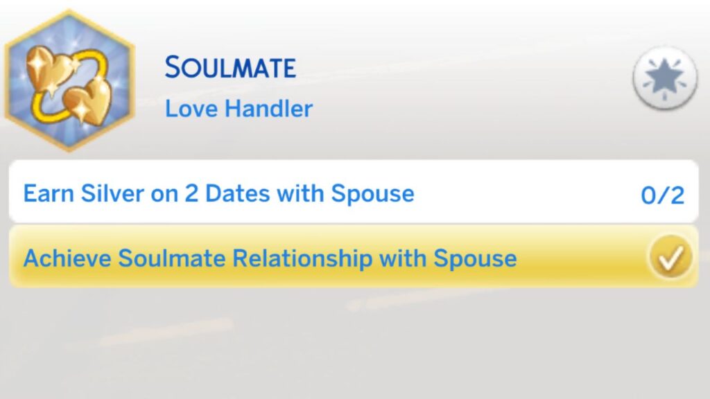 A screenshot from The Sims 4 showing the third stage of the soulmate aspiration