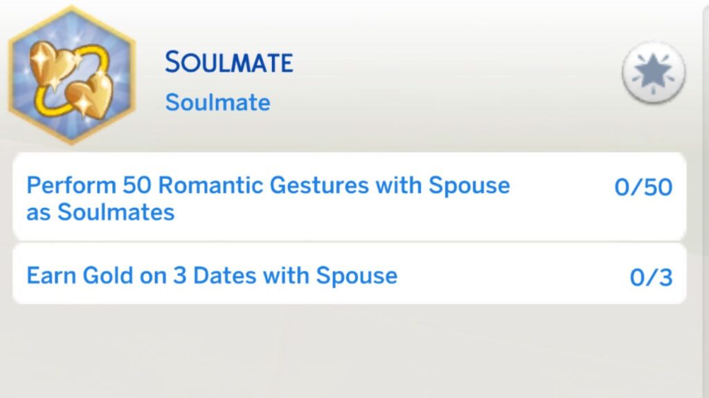 A screenshot from The Sims 4 showing the fourth stage of the soulmate aspiration