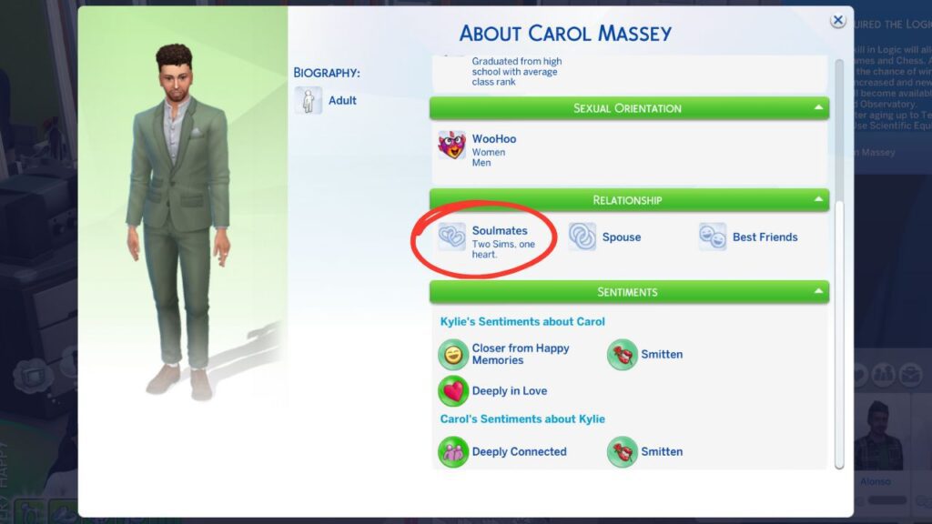 A screenshot from The Sims 4 showing a sim's profile with Soulmates circled under the relationship category