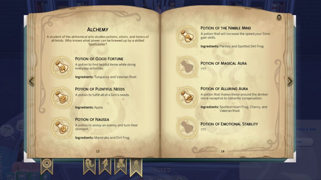A screenshot from The Sims 4 showing the Alchemy page from the spell book