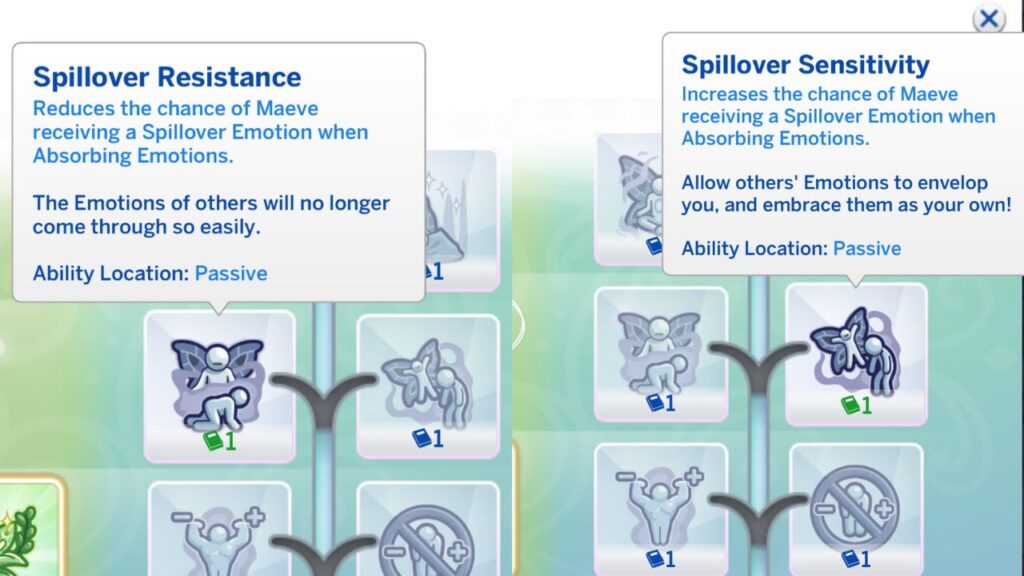 A screenshot from The Sims 4 showing the spillover resistance or spillover sensitivity abilities