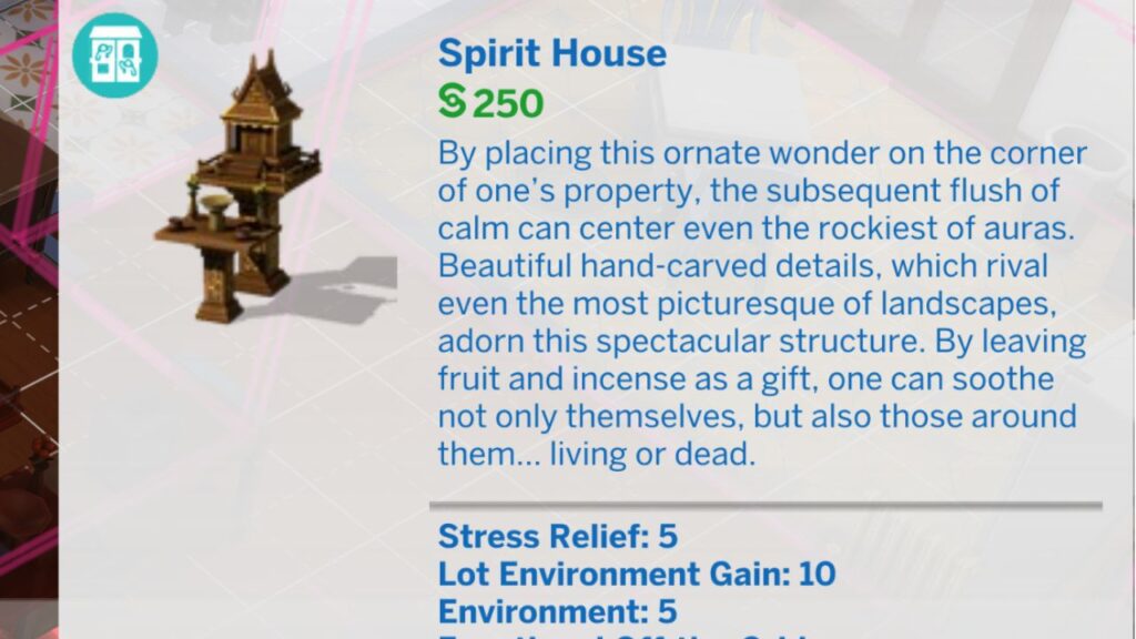 A screenshot from The Sims 4 showing the buy mode listing for a spirit house