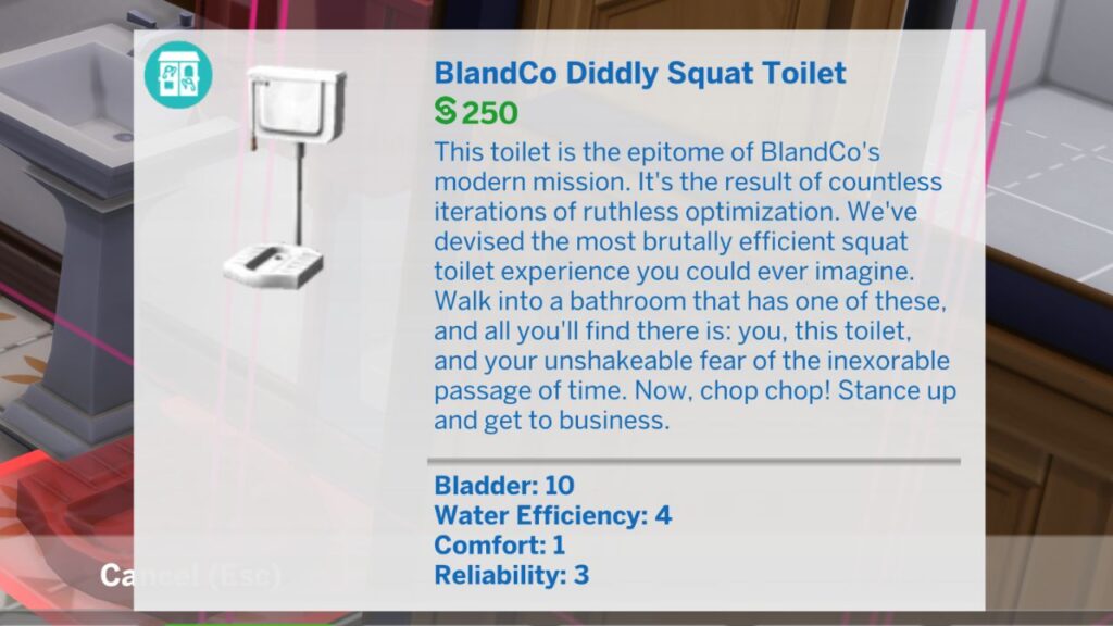 A screenshot from The Sims 4 showing the build mode listing for the BlandCo Diddly Squat Toilet
