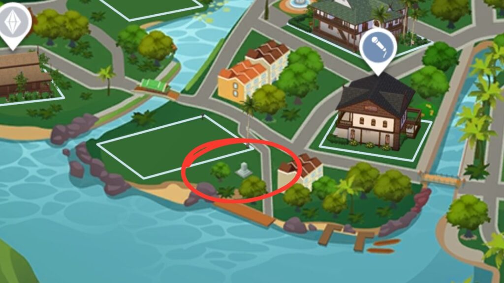 A screenshot from The Sims 4 showing the location of the Statue of Khun Mae and the Tiger