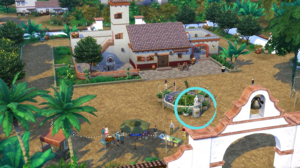 A screenshot from The Sims 4 showing the location of the statue of madre cosecha
