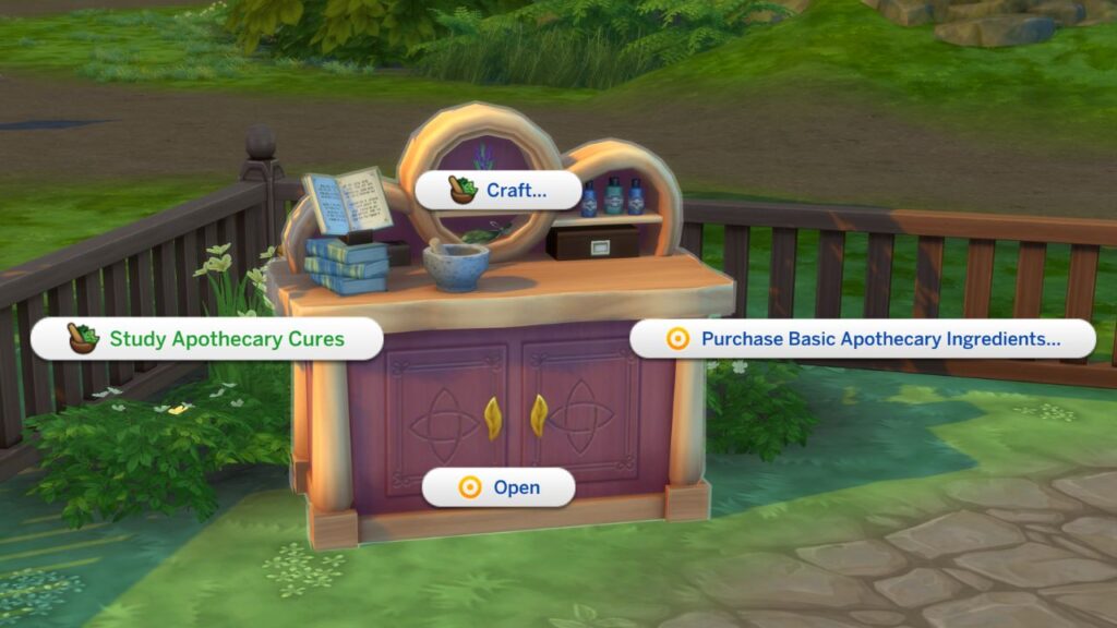 A screenshot from The Sims 4 showing the option on an apothecary table to study apothecary cures
