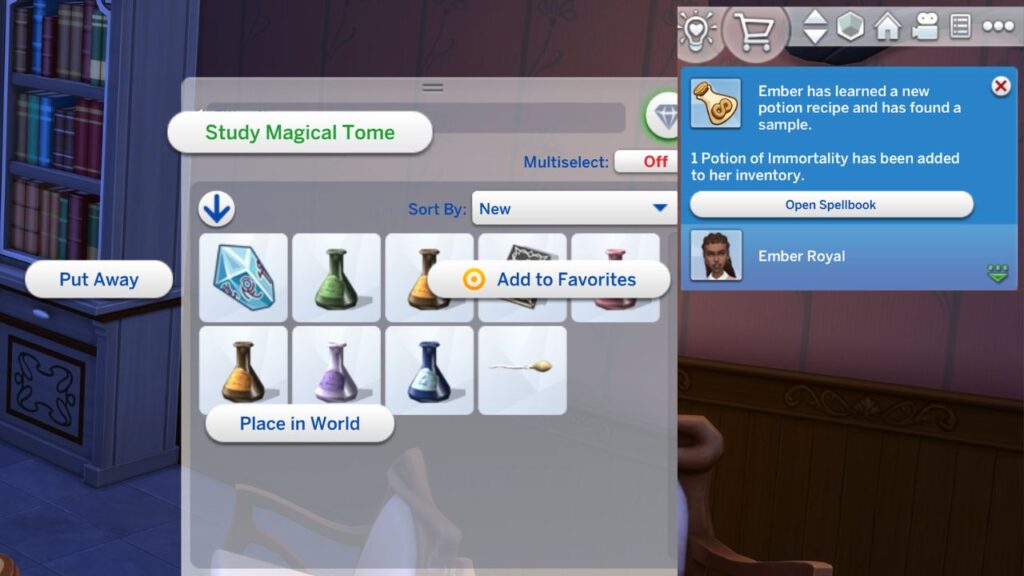 A screenshot from The Sims 4 showing how to study a magical tome to learn a potion recipe