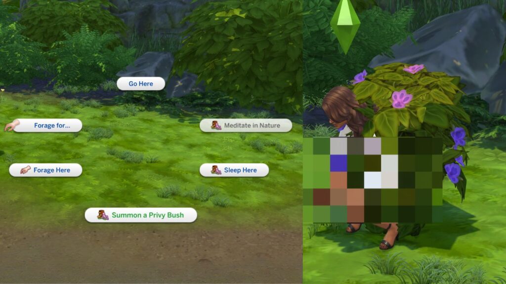 A screenshot from The Sims 4 showing the option to summon a privy bush with the natural living skill and a sim using the bush