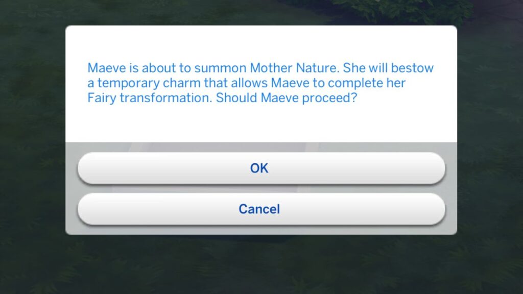 A screenshot from The Sims 4 showing the action card you get after planting a fairy seedling
