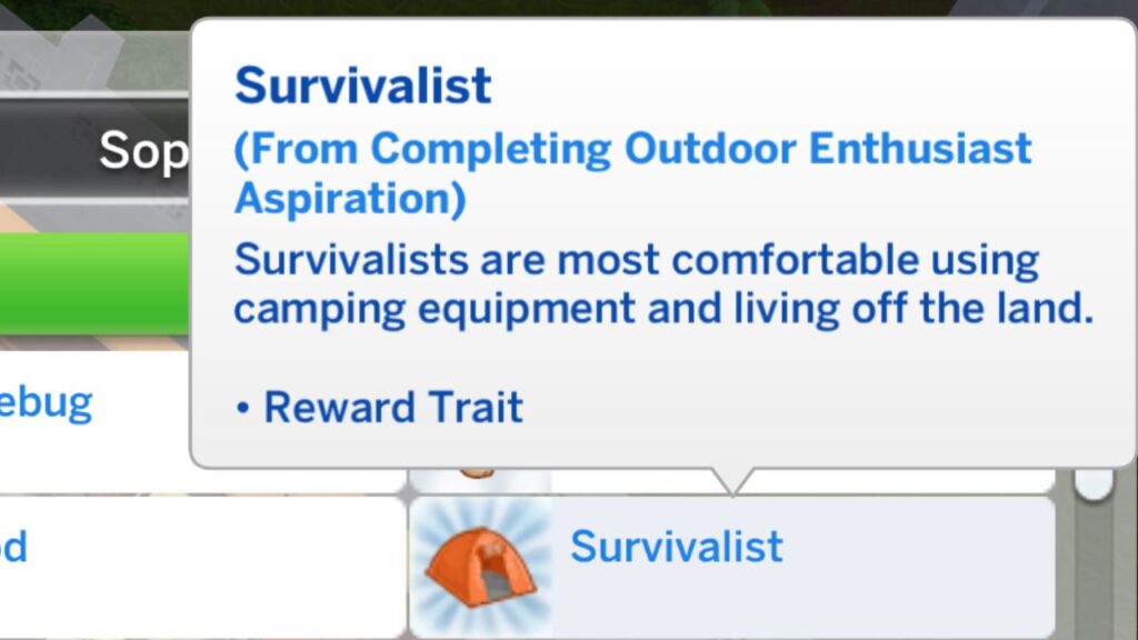 A screenshot from The Sims 4 showing the survivalist trait you get from finishing the outdoor enthusiast aspiration