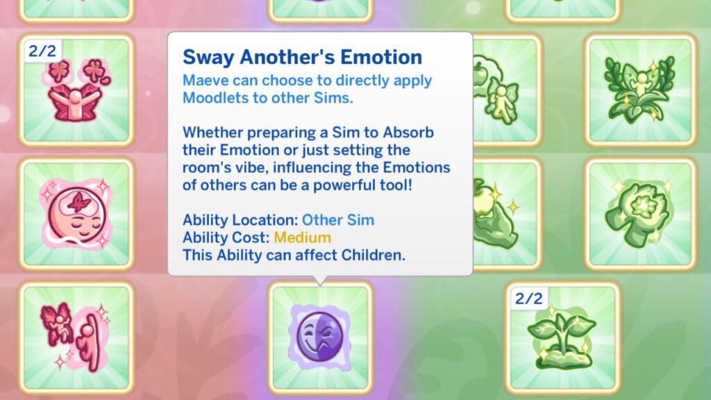 A screenshot from The Sims 4 showing the sway another's emotion fairy ability