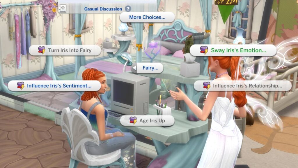 A screenshot from The Sims 4 showing the ability for a fairy to sway a sim's emotions