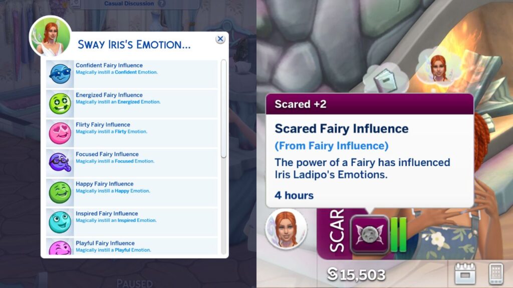 A screenshot from The Sims 4 showing the menu for swaying emotions and the moodlet sims get after emotions are swayed