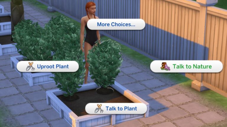 A screenshot from The sims 4 showing how to talk to nature