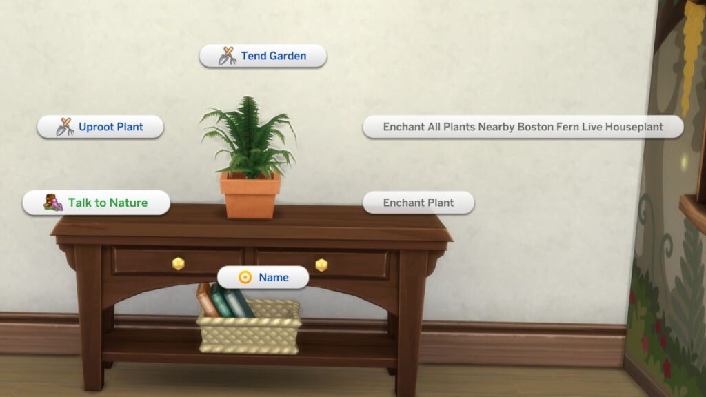 A screenshot from The sims 4 showing the option to talk to nature with a houseplant 
