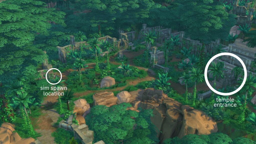 A screenshot from The Sims 4 showing the entrance to the temple