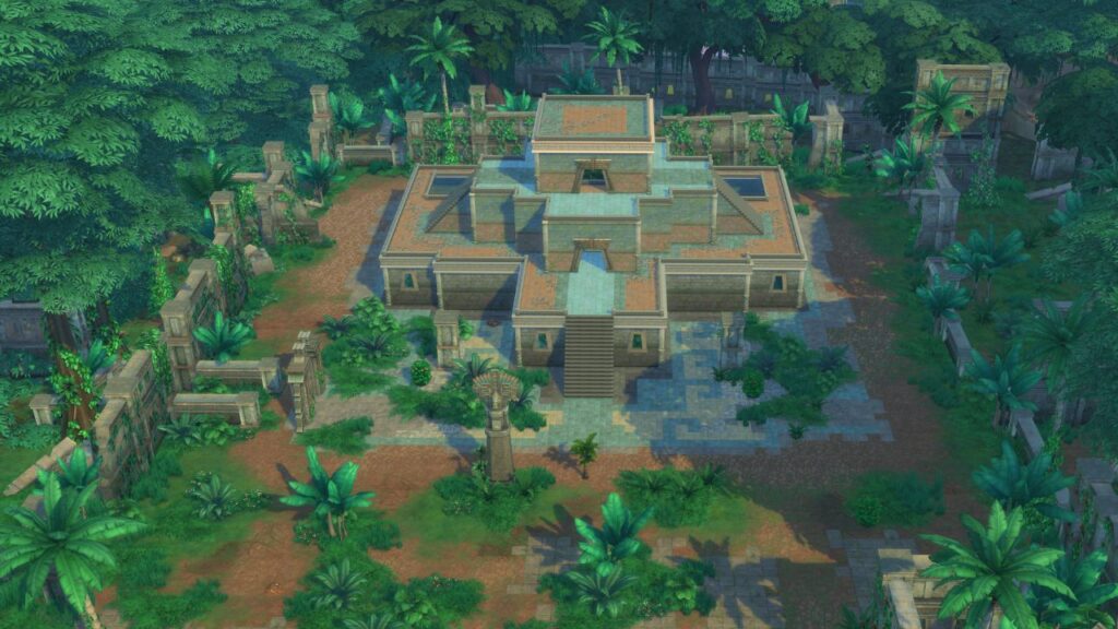 A screenshot from The Sims 4 showing a birds eye view of the temple lot