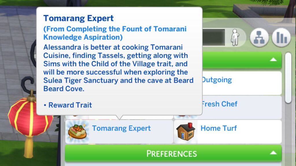 A screenshot from The Sims 4 showing the Tomarang Expert trait you get from the fount of tomarani knowledge aspiration