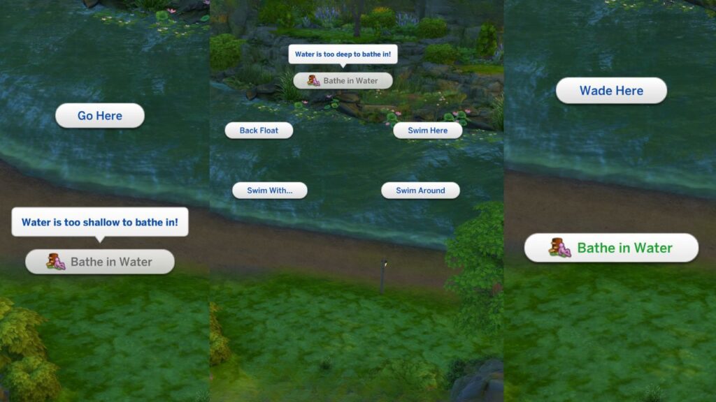 A screenshot from The Sims 4 showing the bathe in water option in shallow water and deep water 