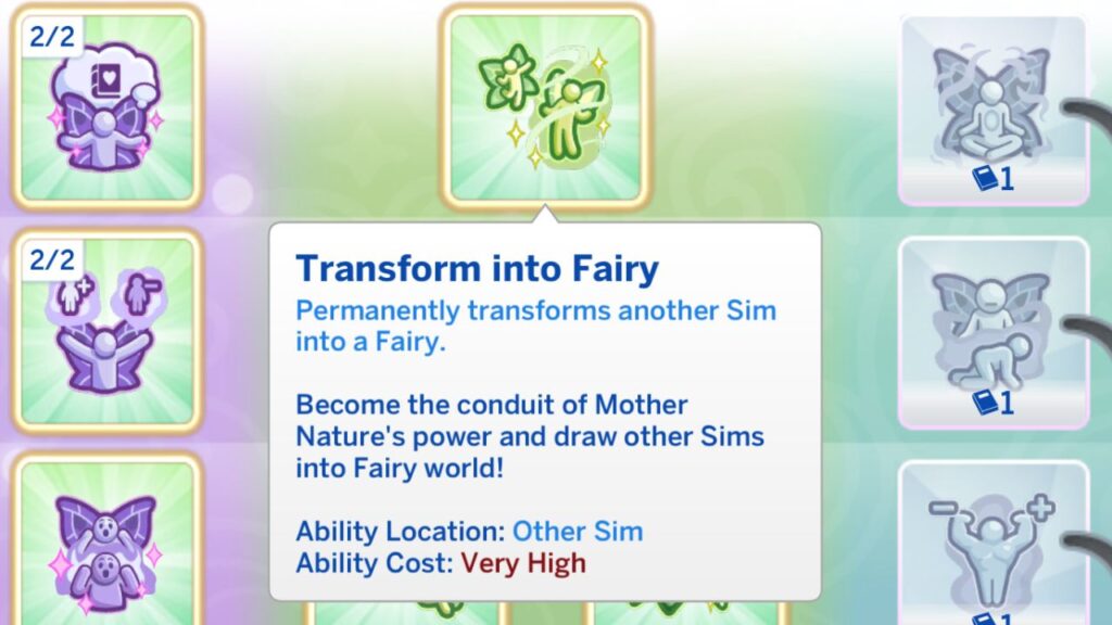 A screenshot from The Sims 4 showing the transform into fairy ability