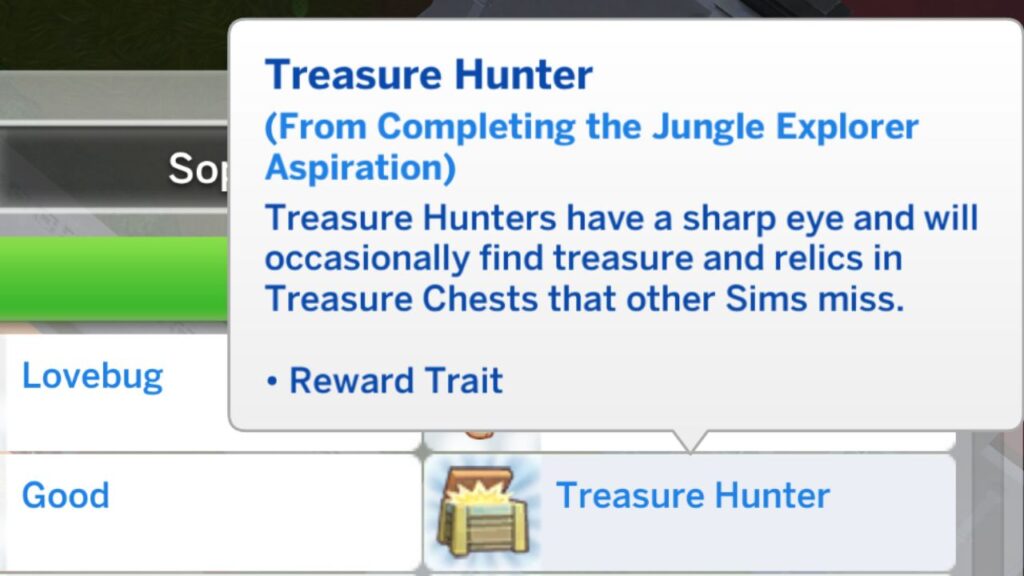 A screenshot from The Sims 4 showing the treasure hunter trait you get from finishing the jungle explorer aspiration