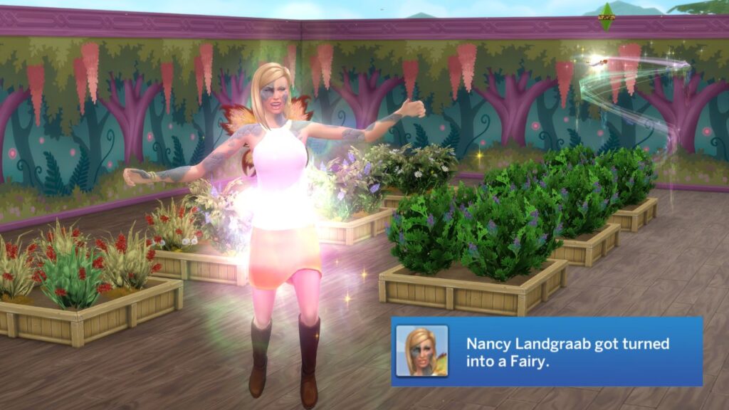 A screenshot from the sims 4 showing a sim being turned into a fairy