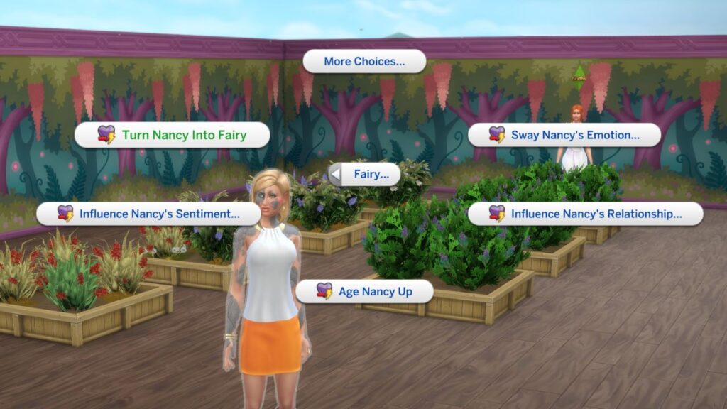 A screenshot from The Sims 4 showing the fairy menu with the option to turn a sim into a fairy showing
