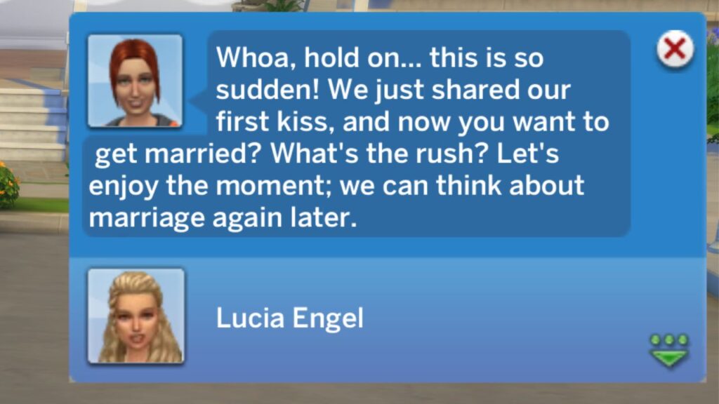 A screenshot from The Sims 4 showing the notification you get when a proposal is denied 