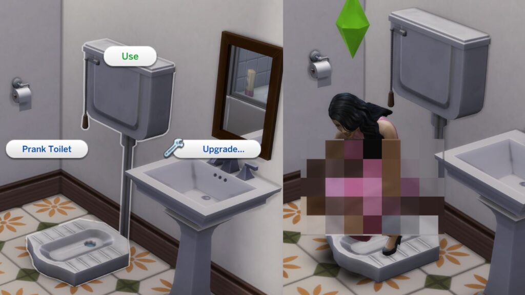 A screenshot from The Sims 4 showing a sim using a squat toilet