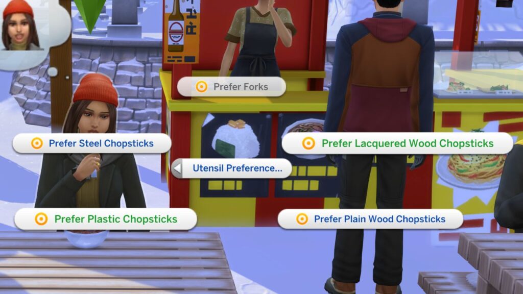 A screenshot from The Sims 4 showing how to change your utensil preference to chopsticks