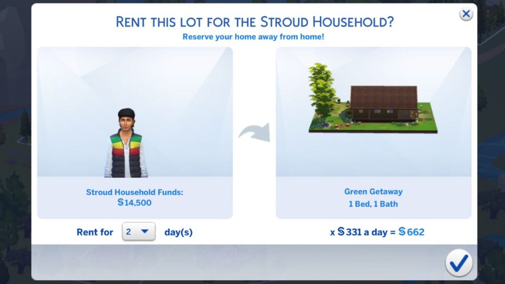 A screenshot from The Sims 4 showing the rental menu for a cabin 