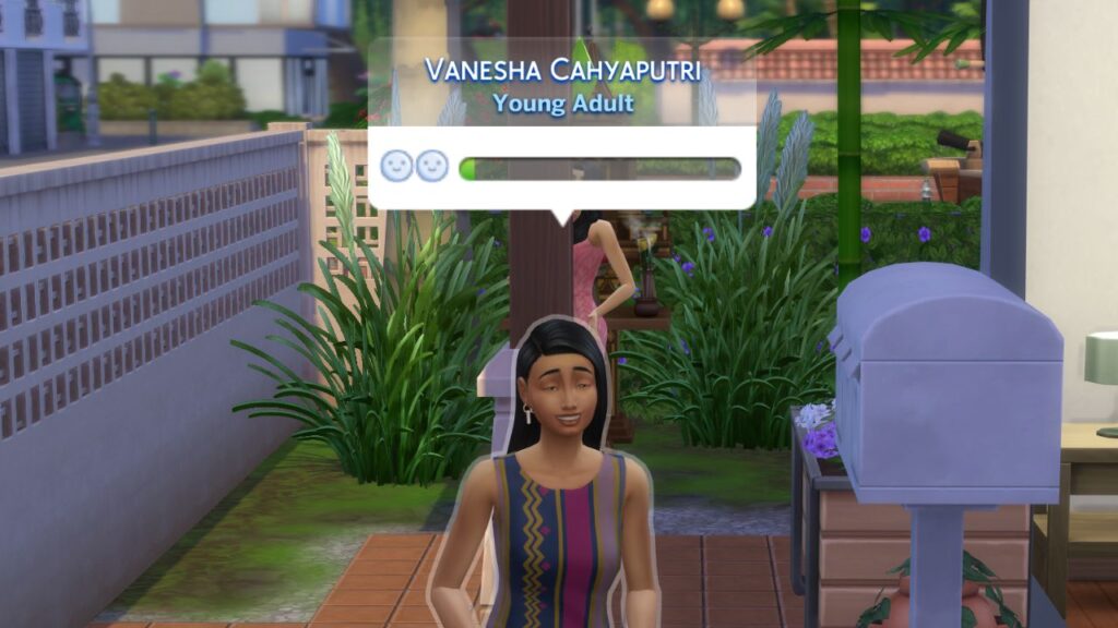 A screenshot from The Sims 4 showing Vanesha Cahyaputri a sim with the child of the village trait