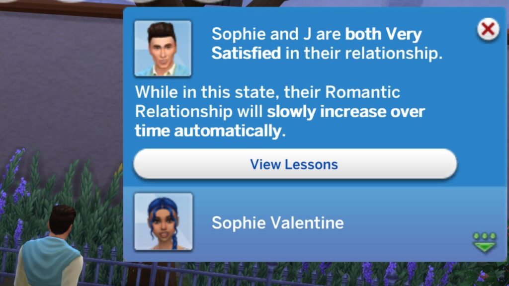 A screenshot from The Sims 4 showing that my sim and J Huntington III are both very satisfied with their relationship 