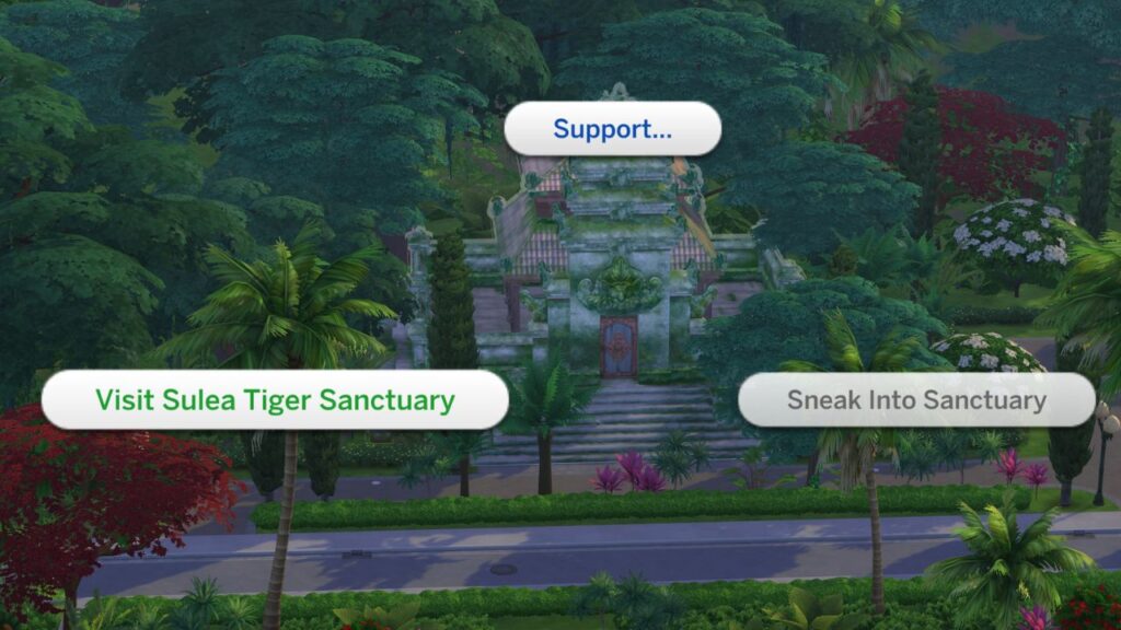 A screenshot from The Sims 4 showing the options for the sulea tiger sanctuary 