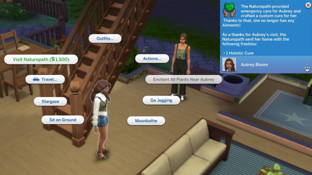 A screenshot from The Sims 4 showing how to visit a naturopath to fix an ailment