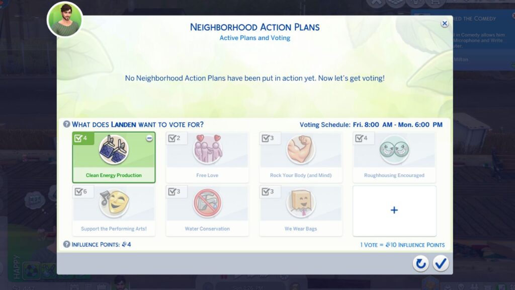 A screenshot from The Sims 4 showing the menu you get when you vote on neighbourhood action plans