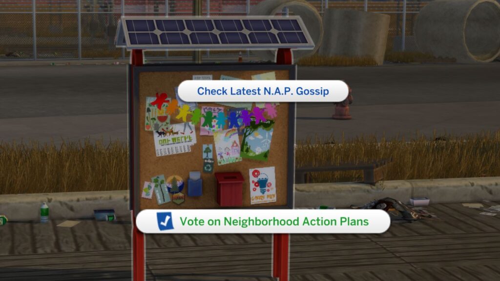 A screenshot from The Sims 4 showing how to vote on a neighbourhood action plan board