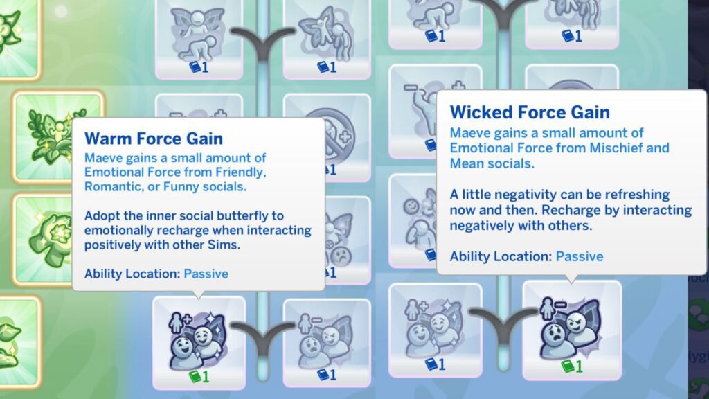 A screenshot from The Sims 4 showing the warm force gain vs wicked force gain ability