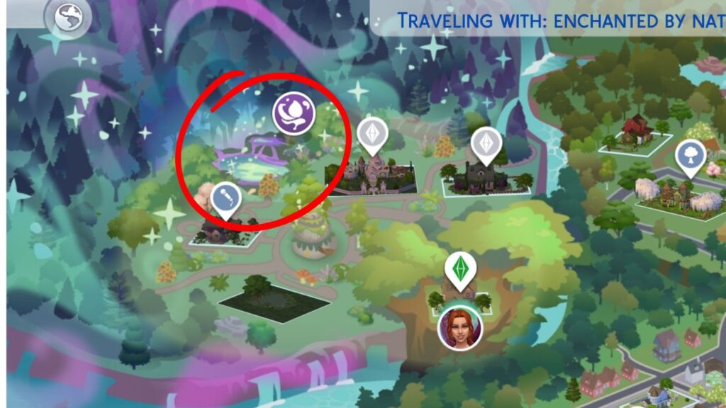 A screenshot from The Sims 4 showing the location of Moondrop Springs
