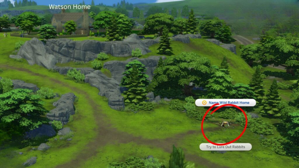A screenshot from The Sims 4 showing the location of a rabbit home compared to the Watson Household