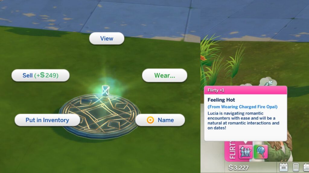 A screenshot from The Sims 4 showing the option to wear a fully charged jewelry piece and a moodlet from it 