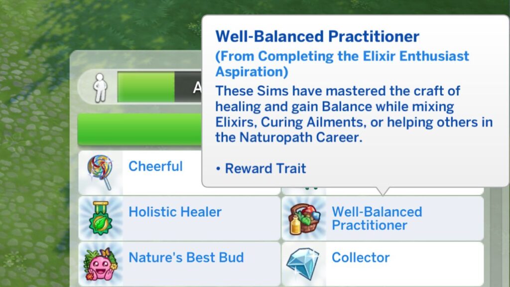 A screenshot from the sims 4 showing the well-balanced practitioner reward trait